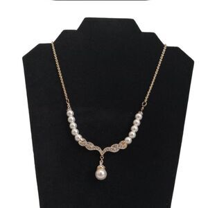 Monet Jewelry Gold Toned Simulated Pearl & Crystal Shimmery Statement Necklace